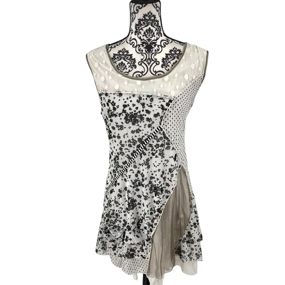 Fleur de Lis Layered Mixed-Print Boho Art Tunic Dress Floral & Polka Dot - Picture 6 of 11